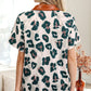 Casual Unique Leopard Print Button Contrast Collared Short Sleeve Blouse