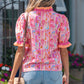 Pink Poppy Flower Striped Print Color Block Trim V Neck Short Sleeve Blouse
