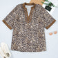 Brown Plus Size Leopard Print Crinkled Colorblock Patchwork V Neck Blouse