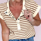 Khaki Stripe Half Buttons Round Neck T Shirt