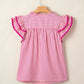Rose Stripe Shirred Yoke Ruffled Short Sleeve Blouse