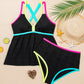 Black Floral Textured Neon Trim V Neck Crisscross Backless Tankini Set