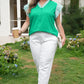 Dark Green Plus Size Button Front Ruffled Stripe Trim V Neck Flutter Sleeve Blouse