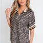 Khaki Leopard Print Half Zip Striped Trim Patchwork Short Sleeve Top