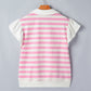 Pink Stripe Collar V Neck Ruffled Short Sleeve Blouse
