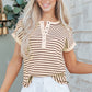 Khaki Stripe Half Buttons Round Neck T Shirt