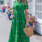 Green Floral Print Split Neck Shirred High Waist Ruffle Hem Maxi Dress