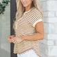 Khaki Stripe Half Buttons Round Neck T Shirt