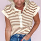 Khaki Stripe Half Buttons Round Neck T Shirt