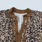 Brown Plus Size Leopard Print Crinkled Colorblock Patchwork V Neck Blouse