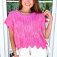 Bonbon Pointelle Knit Patterned Scalloped Trim Short Sleeve Sweater