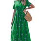 Green Floral Print Split Neck Shirred High Waist Ruffle Hem Maxi Dress