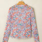 Blue Slim Fit Floral Mesh Long Sleeve Mock Neck Top