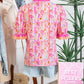 Pink Poppy Flower Striped Print Color Block Trim V Neck Short Sleeve Blouse