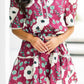 Red Floral Print Trimmed Short Puff Sleeve Mini Dress with Belt