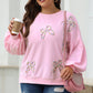Light Pink Embroidered Bow Lantern Sleeve Oversized Pullover Sweatshirt