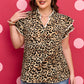 Khaki Plus Size Leopard Print Stitch Detail Ruffled Short Sleeve Blouse