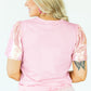 Light Pink Three Sweet Hearts Printed Sequin Trim Contrast Sleeve Patchwork Tee
