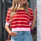 Red Stripe Colorblock Trim Half Sleeve Sweater Top