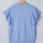 Beau Blue Solid Color Ribbed Trim Round Neck Ruffle Short Sleeve Sweater