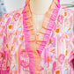 Pink Poppy Flower Striped Print Color Block Trim V Neck Short Sleeve Blouse