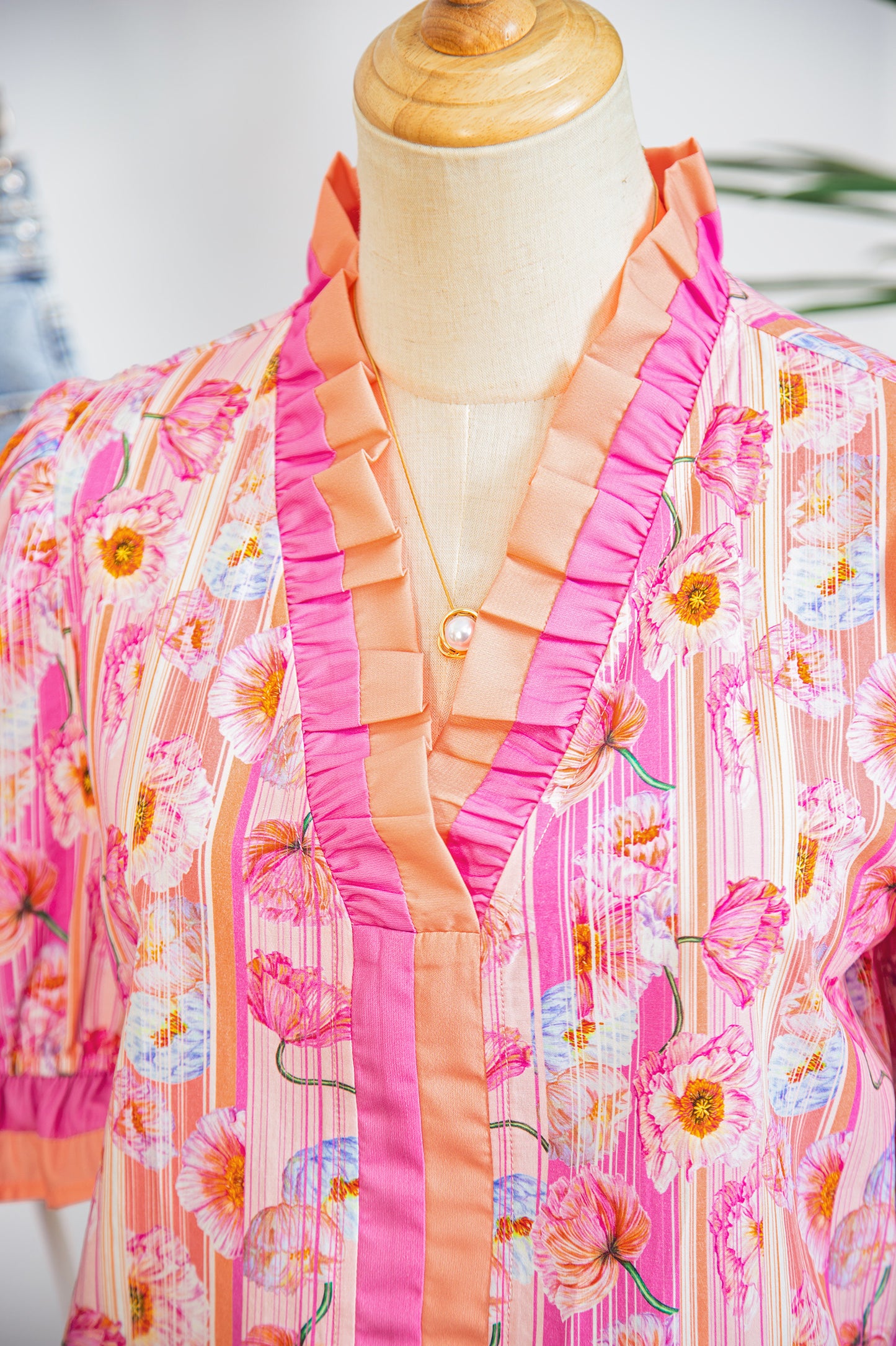 Pink Poppy Flower Striped Print Color Block Trim V Neck Short Sleeve Blouse