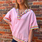 Pink Rainbow Stripe Ribbed Patchwork Raw Seam Oversize Polo Tee