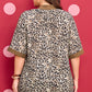 Brown Plus Size Leopard Print Crinkled Colorblock Patchwork V Neck Blouse