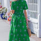 Green Floral Print Split Neck Shirred High Waist Ruffle Hem Maxi Dress