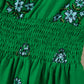 Green Floral Print Split Neck Shirred High Waist Ruffle Hem Maxi Dress