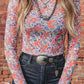 Blue Slim Fit Floral Mesh Long Sleeve Mock Neck Top