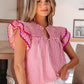 Rose Stripe Shirred Yoke Ruffled Short Sleeve Blouse