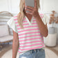 Pink Stripe Collar V Neck Ruffled Short Sleeve Blouse