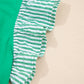 Dark Green Plus Size Button Front Ruffled Stripe Trim V Neck Flutter Sleeve Blouse