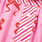 Pink Bow Print Striped Patchwork Elastic Waist Lace Trim Loose Shorts