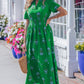 Green Floral Print Split Neck Shirred High Waist Ruffle Hem Maxi Dress