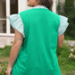 Dark Green Plus Size Button Front Ruffled Stripe Trim V Neck Flutter Sleeve Blouse