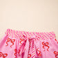 Pink Bow Print Striped Patchwork Elastic Waist Lace Trim Loose Shorts