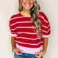 Red Stripe Colorblock Trim Half Sleeve Sweater Top
