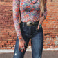 Blue Slim Fit Floral Mesh Long Sleeve Mock Neck Top