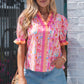 Pink Poppy Flower Striped Print Color Block Trim V Neck Short Sleeve Blouse