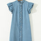 Myosotis Frilled Detail Button Down Ruffle Short Sleeve Denim Mini Dress