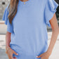 Beau Blue Solid Color Ribbed Trim Round Neck Ruffle Short Sleeve Sweater