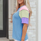 Blue Twisted Ribbed Color Block Patchwork Henley Short Sleeve T Shirt