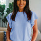 Beau Blue Solid Color Ribbed Trim Round Neck Ruffle Short Sleeve Sweater