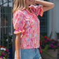 Pink Poppy Flower Striped Print Color Block Trim V Neck Short Sleeve Blouse