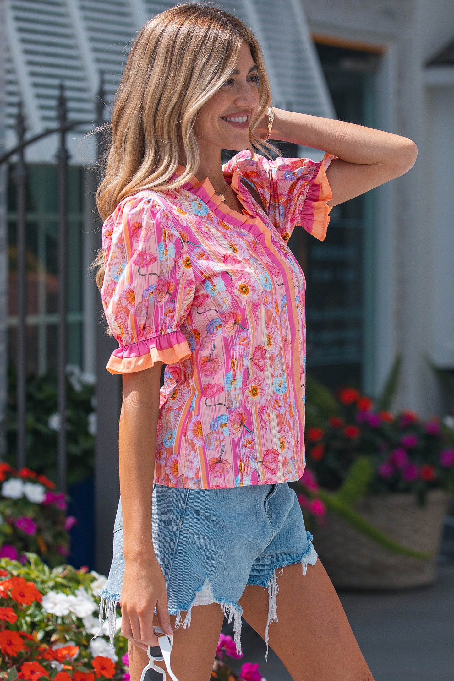 Pink Poppy Flower Striped Print Color Block Trim V Neck Short Sleeve Blouse