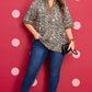 Brown Plus Size Leopard Print Crinkled Colorblock Patchwork V Neck Blouse