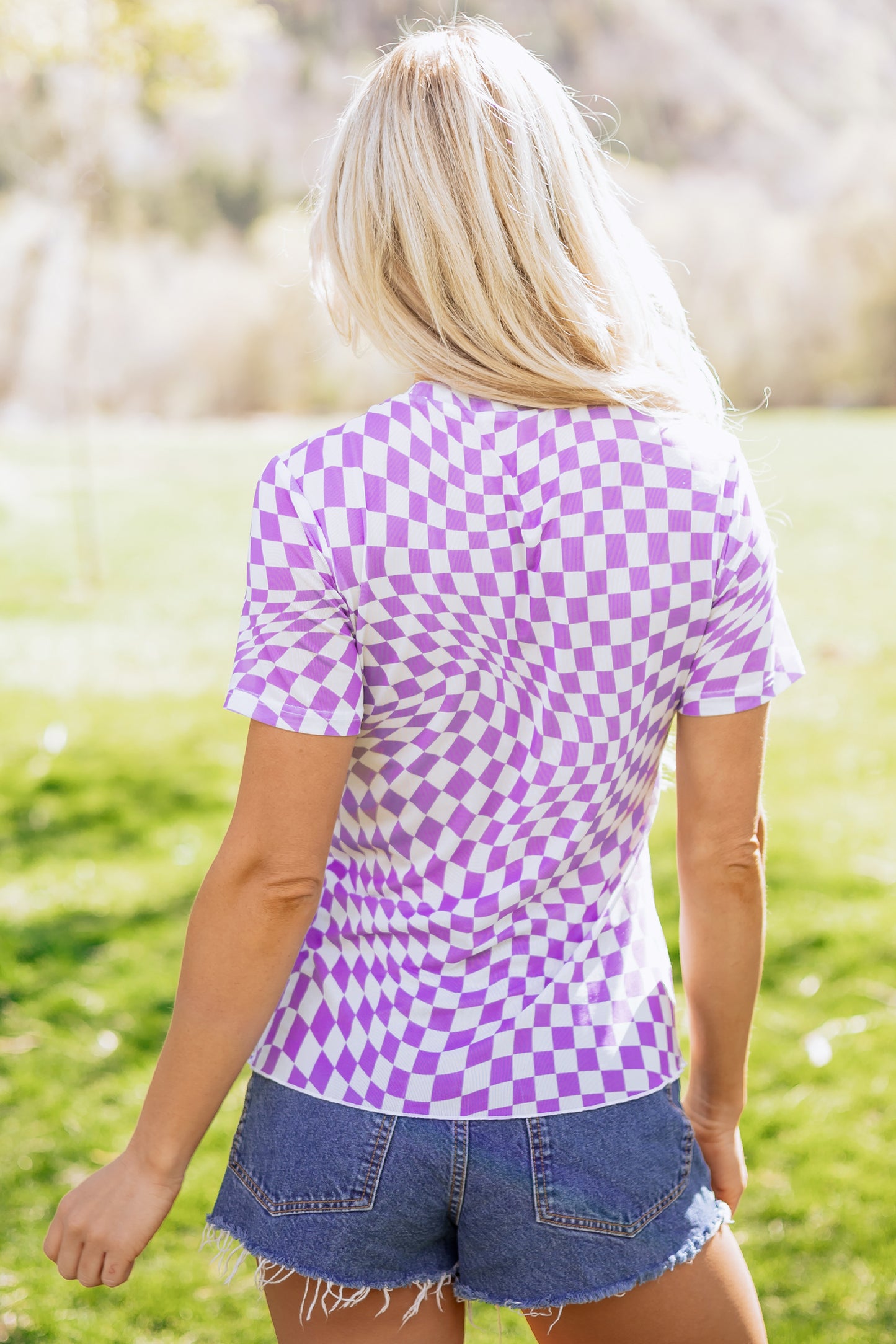 Purple Checkered Print Mock Neck Mesh T Shirt