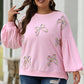 Light Pink Embroidered Bow Lantern Sleeve Oversized Pullover Sweatshirt